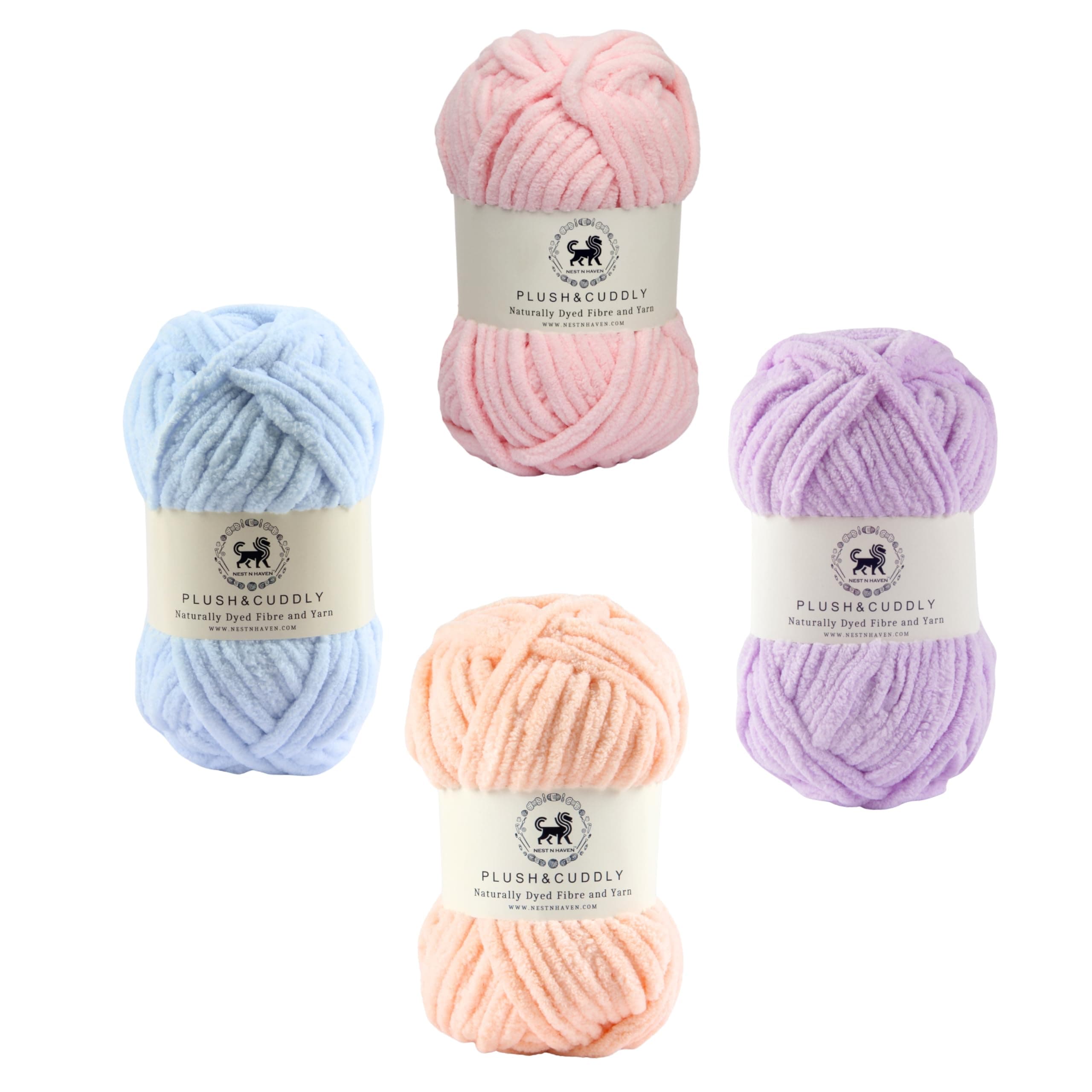 NESTNHAVEN , Plush & Cuddly Sets 2.0 , Chenille Yarn Supersoft Hand Knitting Wool Ball, set of 4 , 400 grams (1 Ball/100 Gram Each) Suitable for Craft, Babywear, Toys , Baby Blankets , 5 Bulky, Shades - NNHS 2.0 (Set 4 pastel Blue, Baby pink , lilac, light Peach)