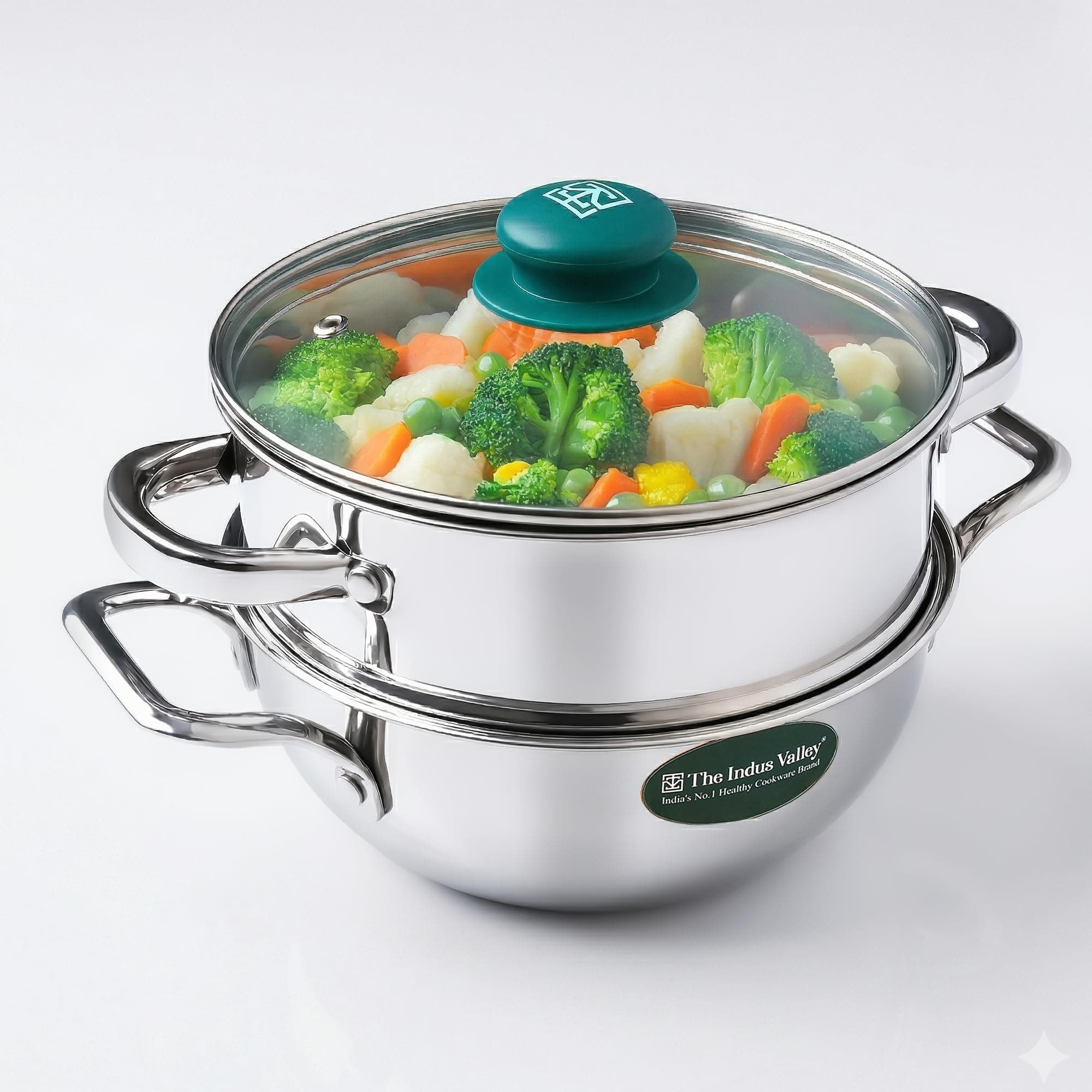 The Indus Valley Triply Stainless Steel Cookware Set of 3 | 20cm Triply Deep Kadai (2.2L) and Stainess Steel Steamer with Common Glass Lid | Induction Base | Multipurpose Cooking – Steam, Fry, Boil & Cook | Perfect for Momos, Dum & Curries
