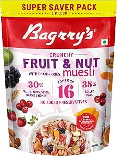 Bagrry’s Crunchy Fruit & Nut Muesli with 30% Real Fruits, Nuts & Seeds– 750G | 16 Real & Freeze Dried Fruits, Nuts, Seeds & Berries Muesli | No Candy | 38% High Fibre Oats, No Cornflakes | Fibre & Protein Rich Breakfast Cereal