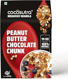 Cocosutra Peanut Butter Chocolate Chunk Breakfast Granola - 300 g | Made with natural ingredients | High Protein Cereal with Oats, Nuts, Seeds & Dry Fruits | Lightly sweetened with Jaggery | High Protein Breakfast Cereal, Oats, Nuts, Seeds & Dry Fruits, 100% Natural, Vegan & Gluten Free, Jaggery Sweetened Crunchy