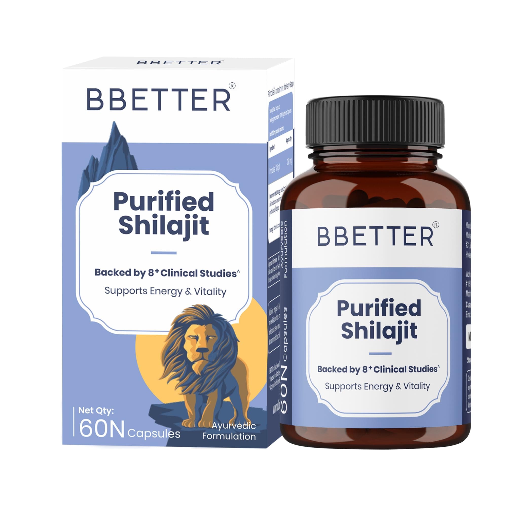 BBETTER Purified Shilajit with PrimaVie Shilajit, Clinically Studied Natural Supplement | Lab Tested Shilajeet for Stamina, Strength, Muscle & Vitality Support for Men | Supports Healthy Testosterone Levels | Pure Himalayan Shilajith Extract - 60 Capsules