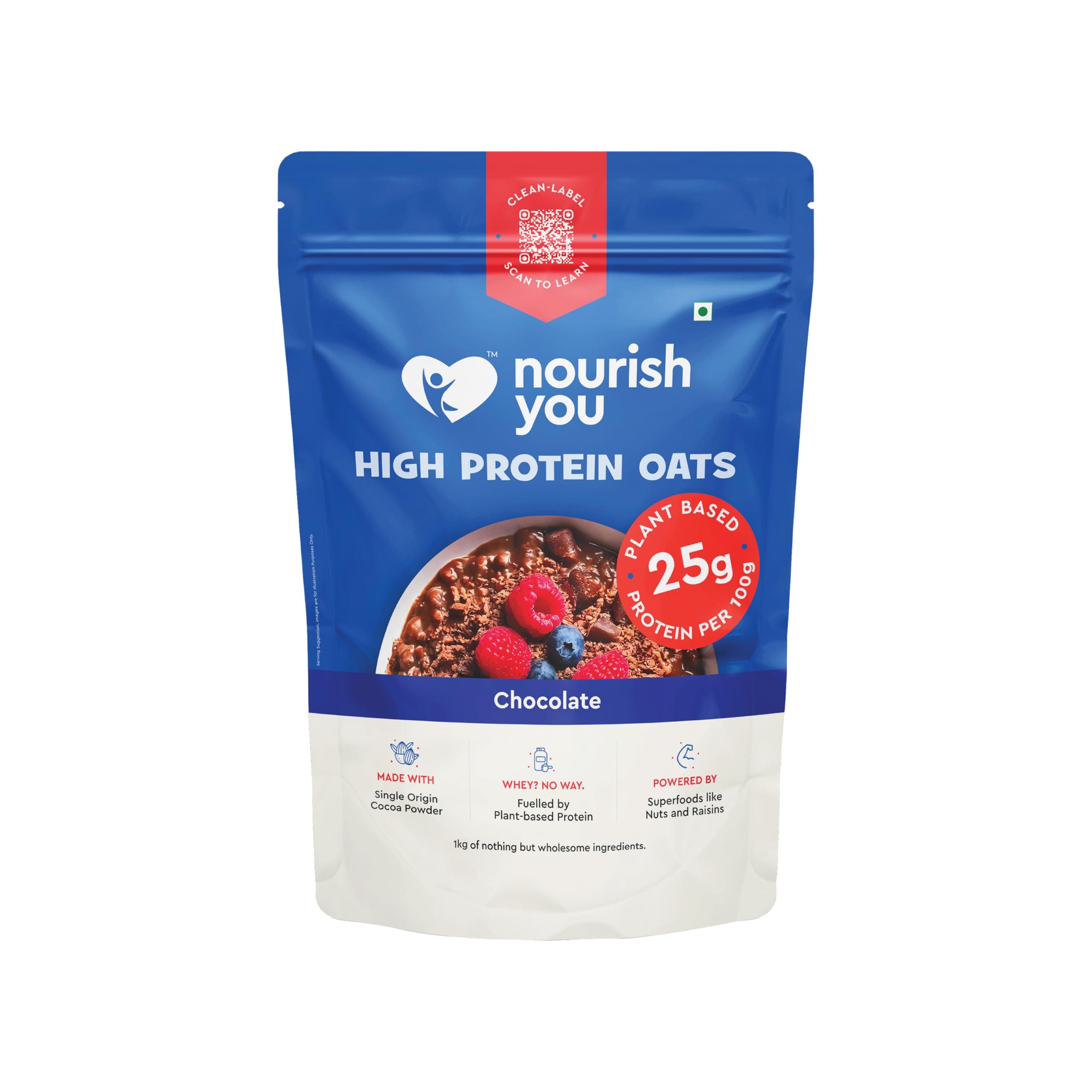 25g High Protein Chocolate Oats by Nourish You 1kg Plant Based Protein | Made with Rolled Oats , Cocoa Powder , Almonds , Raisins & Soy Protein | High Protein Oatmeal Breakfast Cereal | 11g Fibre | No Artificial Colours, No preservatives , No artificial Flavours