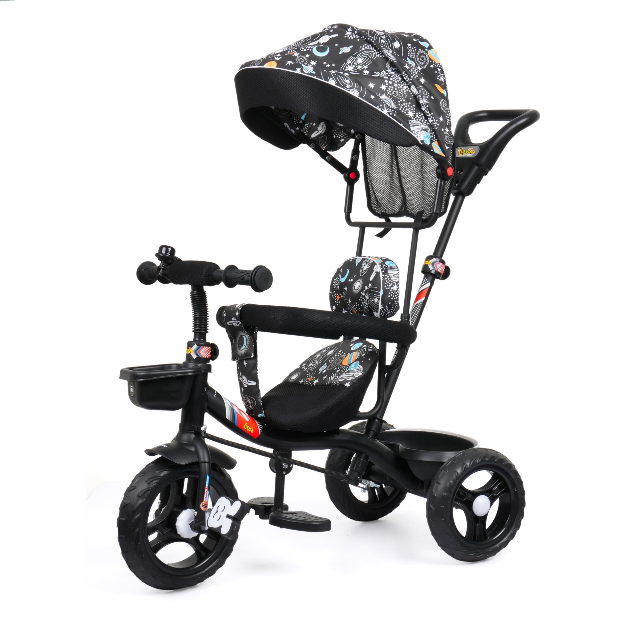 Luusa® GT-500 Kids Tricycle with Parental Control Handle with Canopy, Safety Guard Rail & Cushioned Seat | Plug & Play Baby Trike for Boys & Girls (1 to 4 Years) | Up to 25 kg Load Capacity | Made in India | Galaxy Edition