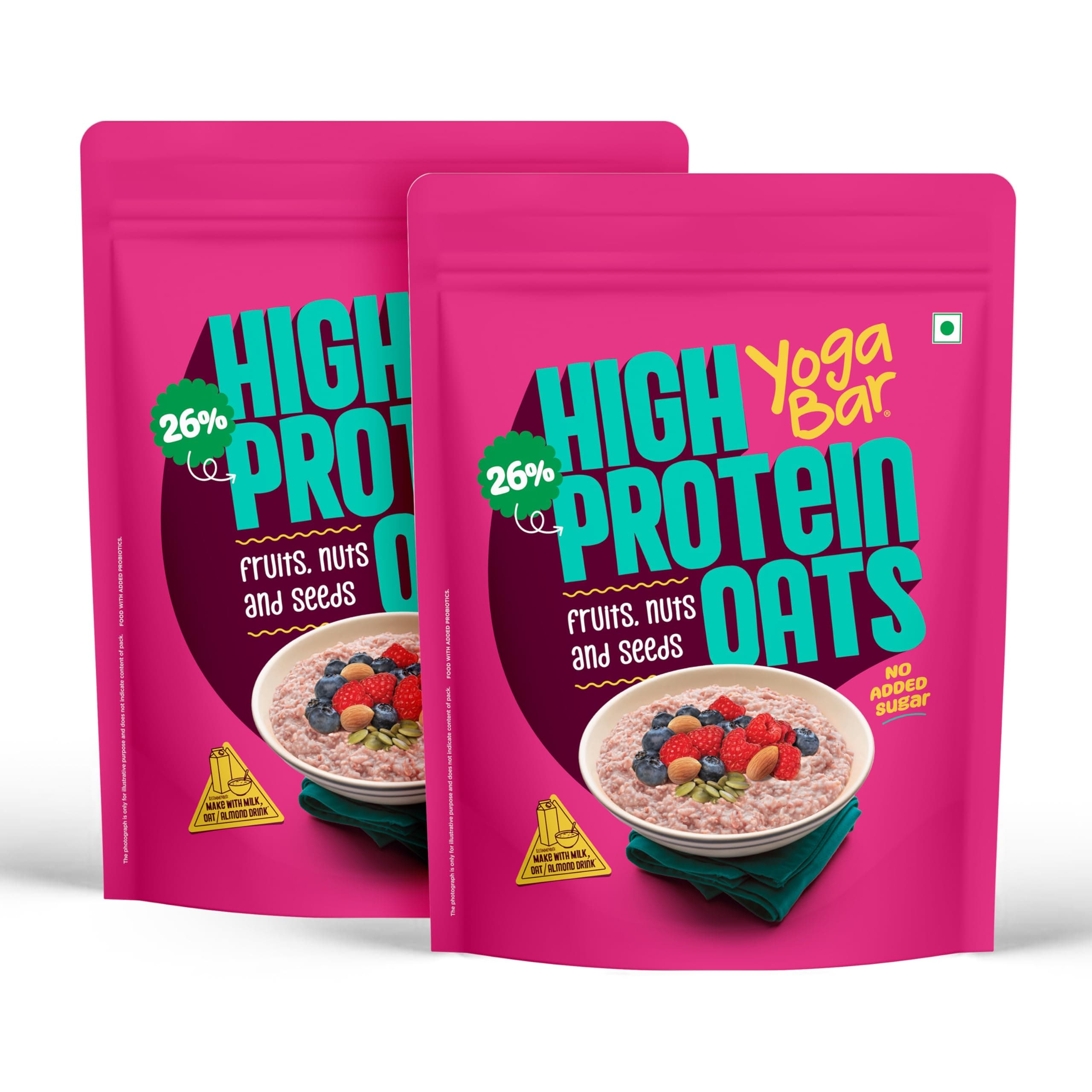 Yogabar 26g High Protein Oats 1kg x 2, Fruits Nuts & Seeds - Breakfast Cereal with Wholegrains, 26% Protein & No added sugar - Oats High Protein for Gym - Premium Protein Blend with Whey Protein Powder - with Goodness of Chia, Sunflower & Pumpkin Seeds & Probiotics for Absorption