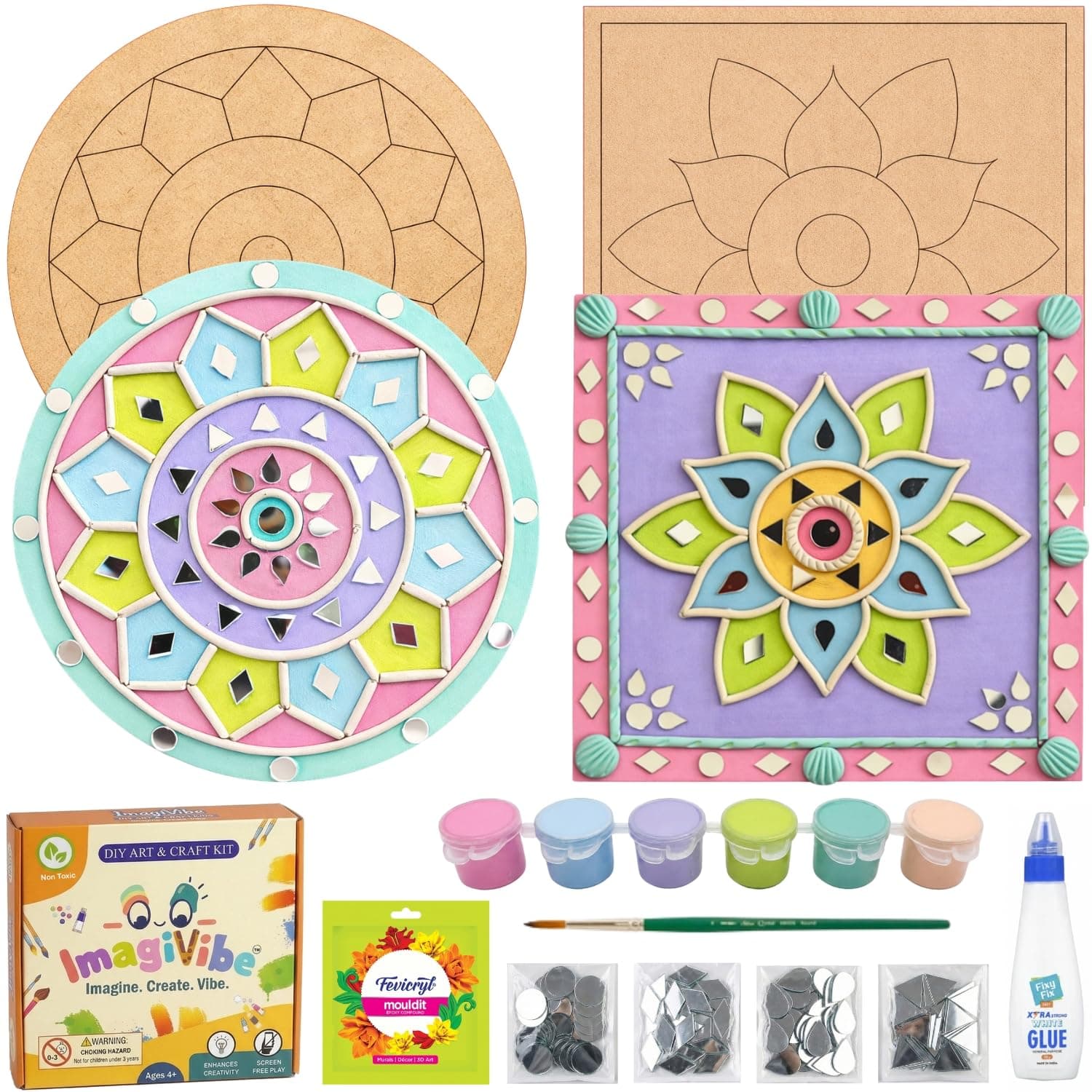 ImagiVibe DIY Mini Lippan Art Kit for Kids & Adults | 2 Pre-Marked 6 Inch MDF Boards | Indian Folk Art Painting Kit with Clay, Mirrors & Pastel Tempera Colours | Creative Art & Craft Kit for Gifting, Artists, Children, Students, Beginners (6inch)
