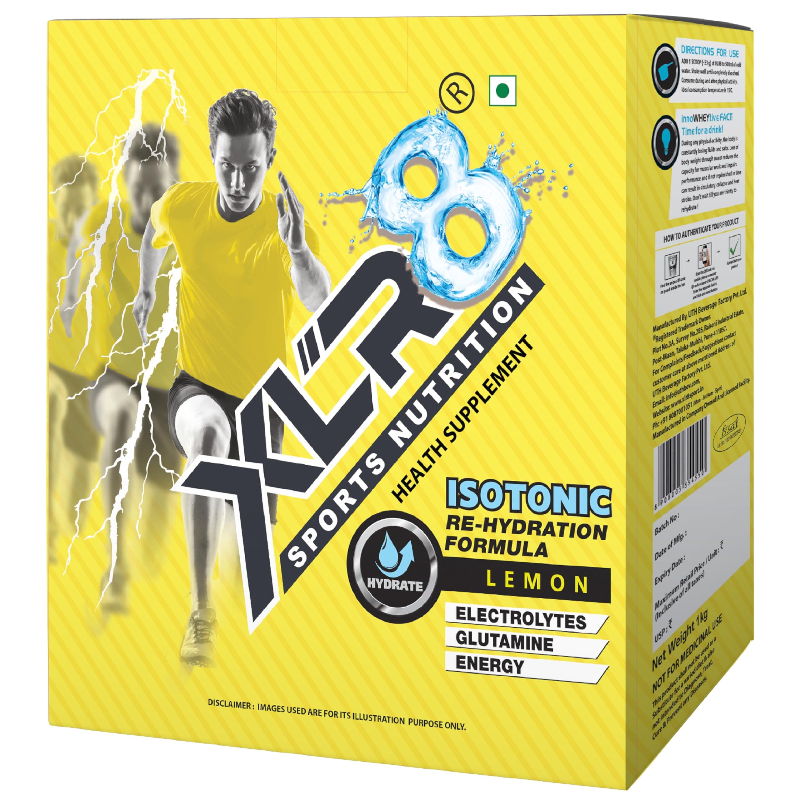 XLR8 Electrolytes Powder 1 Kg (30 Servings) | High Performance Isotonic Sports Hydration & Energy Drink Mix with Sodium, Potassium, Magnesium, Glucose & Glutamine | Instant Rehydration for Workout, Running & Endurance |Lemon