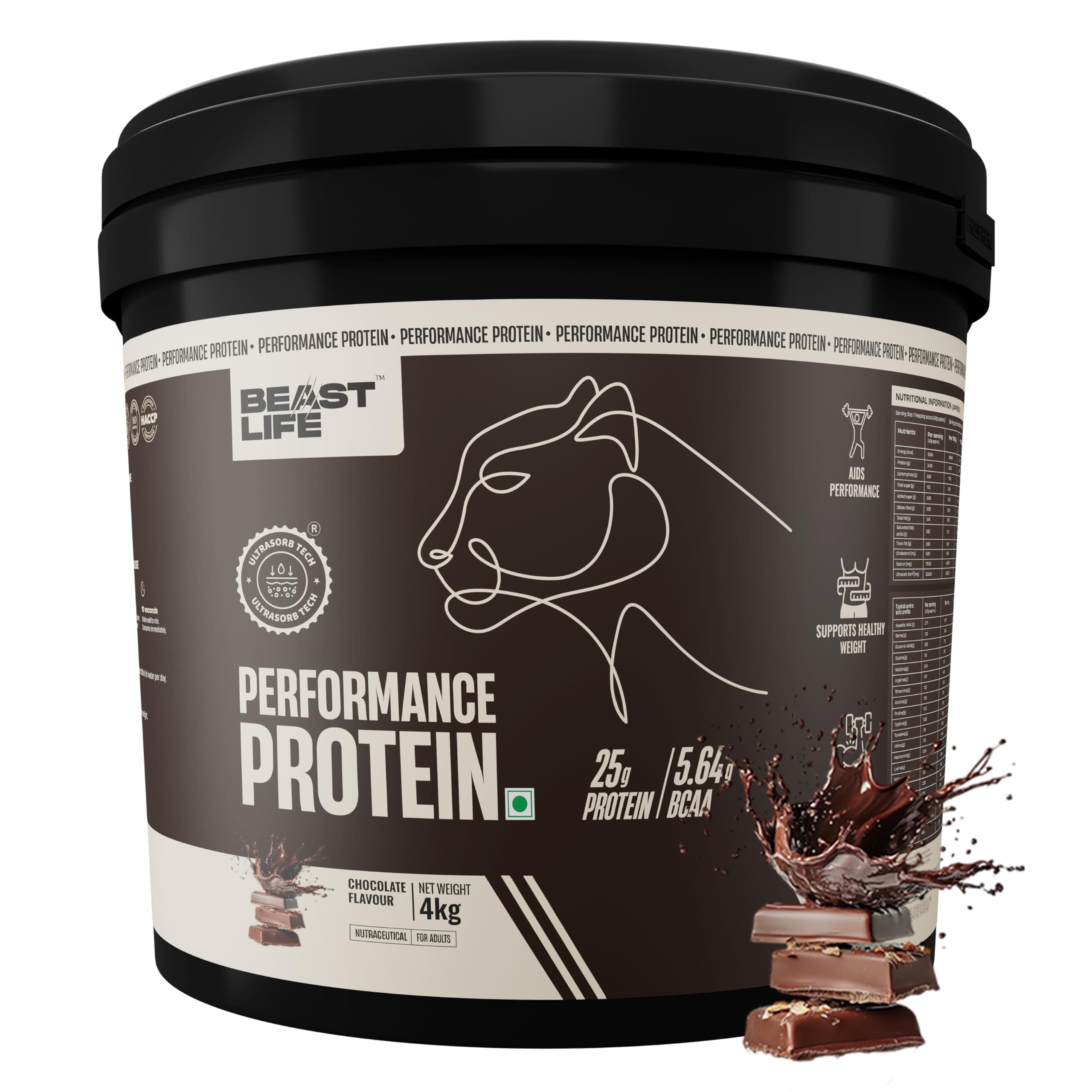 BeastLife Performance Yeast Protein Powder | 25g Protein | Chocolate |NABL Lab Certified | High Absorption for Muscle Growth |Smooth & Light, Easy to Digest with Ultrasorb Tech|5.64g BCAA | Best For Gut | Beta Glucan | Improves Immune Function | 4 Kg