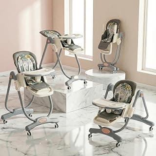 BAYBEE 3-in-1 Baby High Chair with 4-Level Height Adjustment, Dining, Lounge & Recline Modes, 120°–160° Backrest, Adjustable Footrest, One-Click Folding, Detachable Food & Toy Tray, 5-Point Harness & 360° Castor Wheels | Feeding Chair for 6 Months to 5 Years (Grey & White)