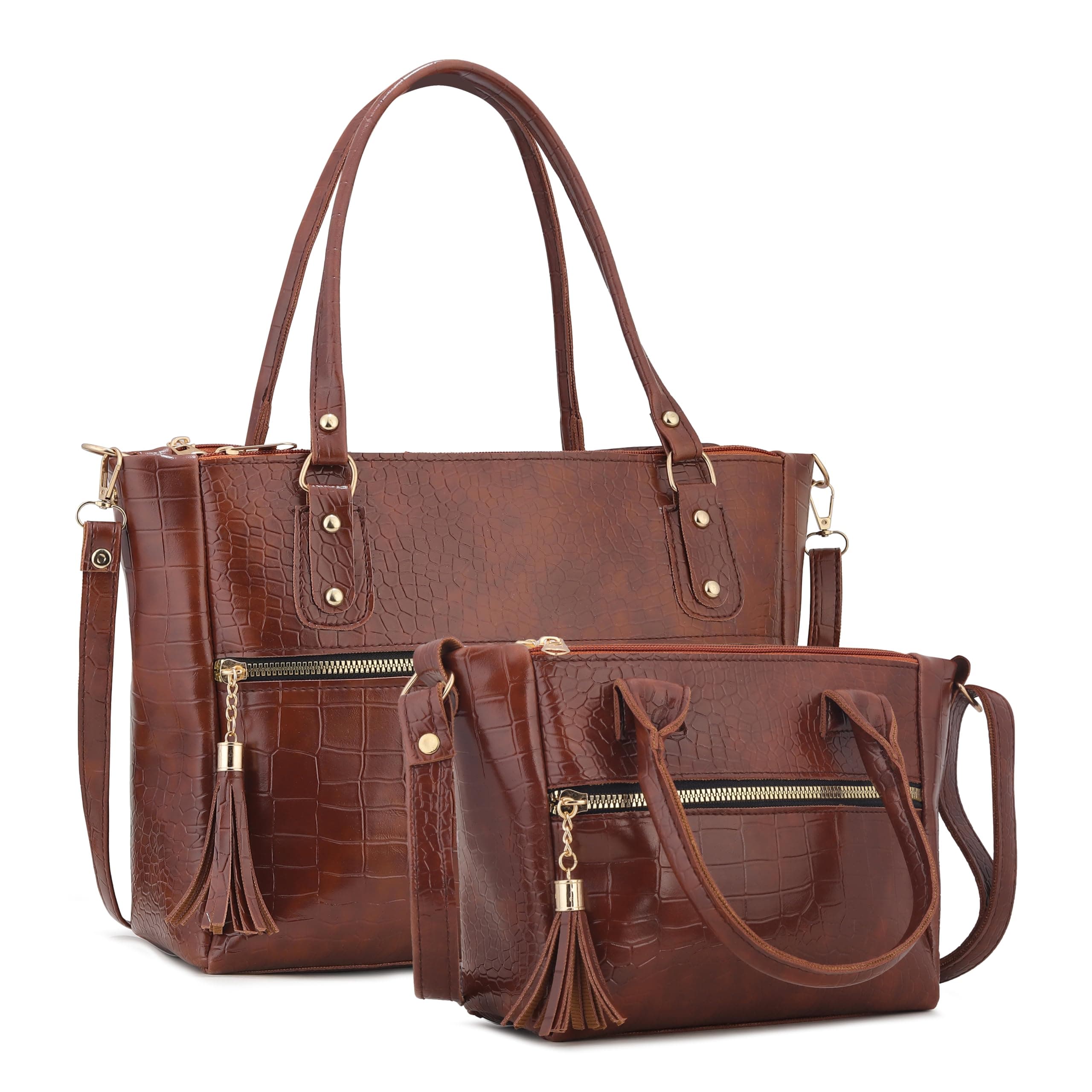 AVÉRAA Women Handbag Combo Set (Medium + Mini) Croco Texture Faux Leather Handbag & Sling Bag, Spacious Zipper Closure, Adjustable Strap, Office Travel Shopping Shoulder Bags for Women (Brown/Black) | Chic Croc Texture, Dual Carry Style, Secure Zip Closure, Spacious Design, Daily Use Handbag, Adjustable Strap