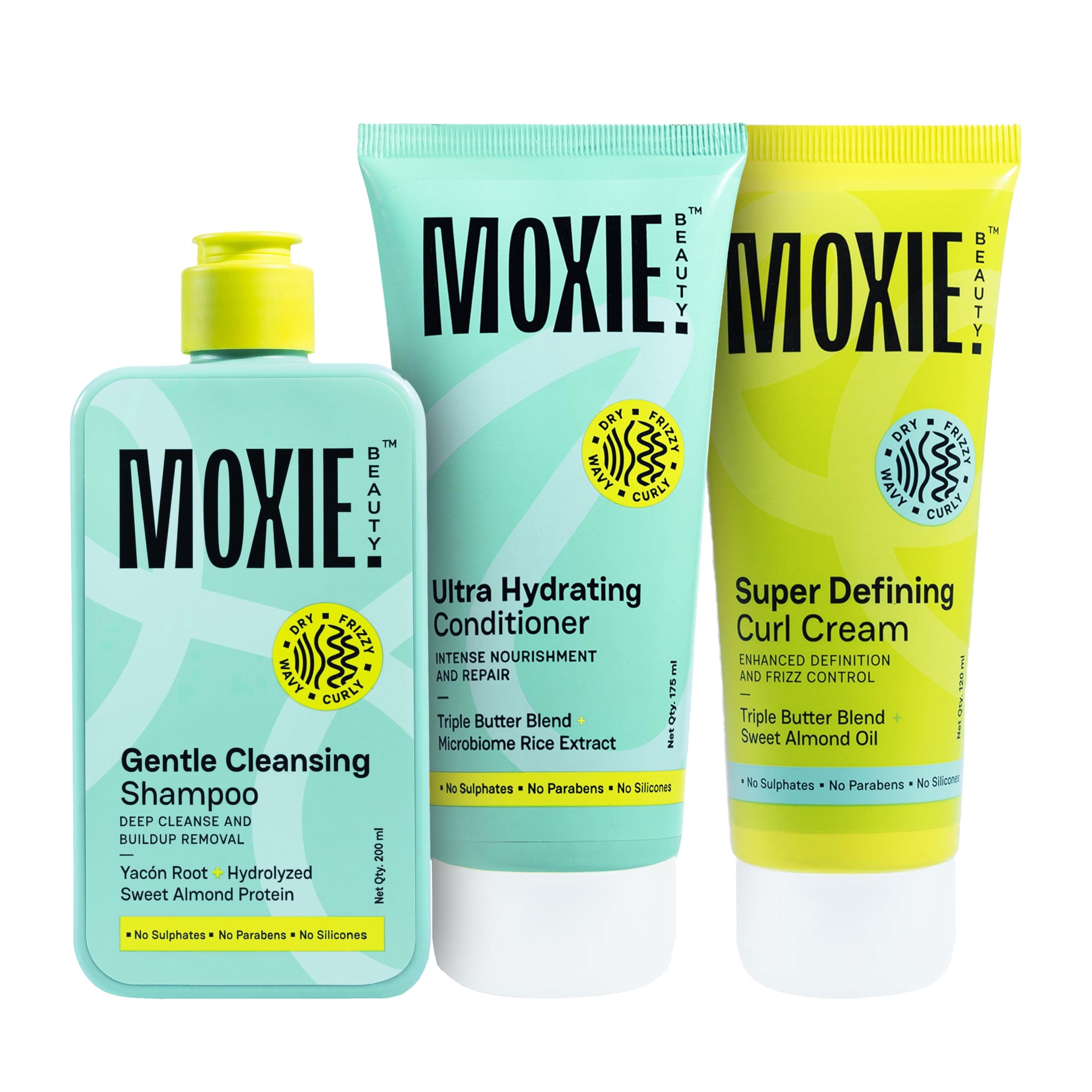 Moxie Beauty Just-The-Essentials Curly Trio for Women & Men | Sulphate & Paraben Free Curly Hair Shampoo, Conditioner & Super Defining Curl Cream Set | Cleanses, Hydrates & Defines Dry, Frizzy, Wavy Curls | Retains 96% Moisture | Gentle Cleansing Shampoo (200ml), Ultra Hydrating Conditioner (175ml) & Curl Cream (120ml)