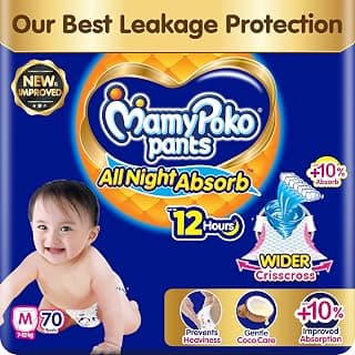 New Mamypoko Pants Premium All Night Absorb| Pant Style Baby Diapers Medium Size(M), 70 Count, Ideal for 7-12Kgs|1 Diaper= Upto All Night Absorption now with 10% increased power|Wider Crisscross Sheet|Gentle Coco Care| 12hr Leakage Protection| Prevents Heaviness.