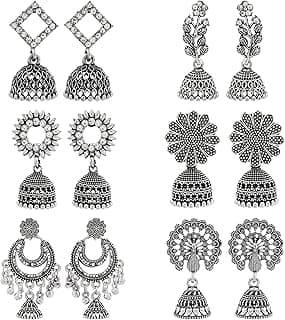 DEW MAT 6pc Earrings Set For Women | Jhumka For Women Gift Box Stylish Antique |Oxidised Silver Jhumka For Women | Girls Fashion Earrings Meenakari Oxidised Kundans Flower Temple South Indian Traditional Ear rings Gift For Girlfriend,Mother,Wife,Sister.