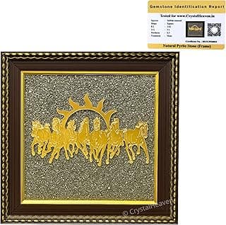 Crystal Heaven Pyrite Stone Frame with Vastu Seven Running Horses with Sun to Attract Money, Protection and Chakra Healing - Big Size 7 Horses Painting Vastu Wooden Photo Frame Wall Decor Items for Living Room with Original Pyrite Dust for Money Success